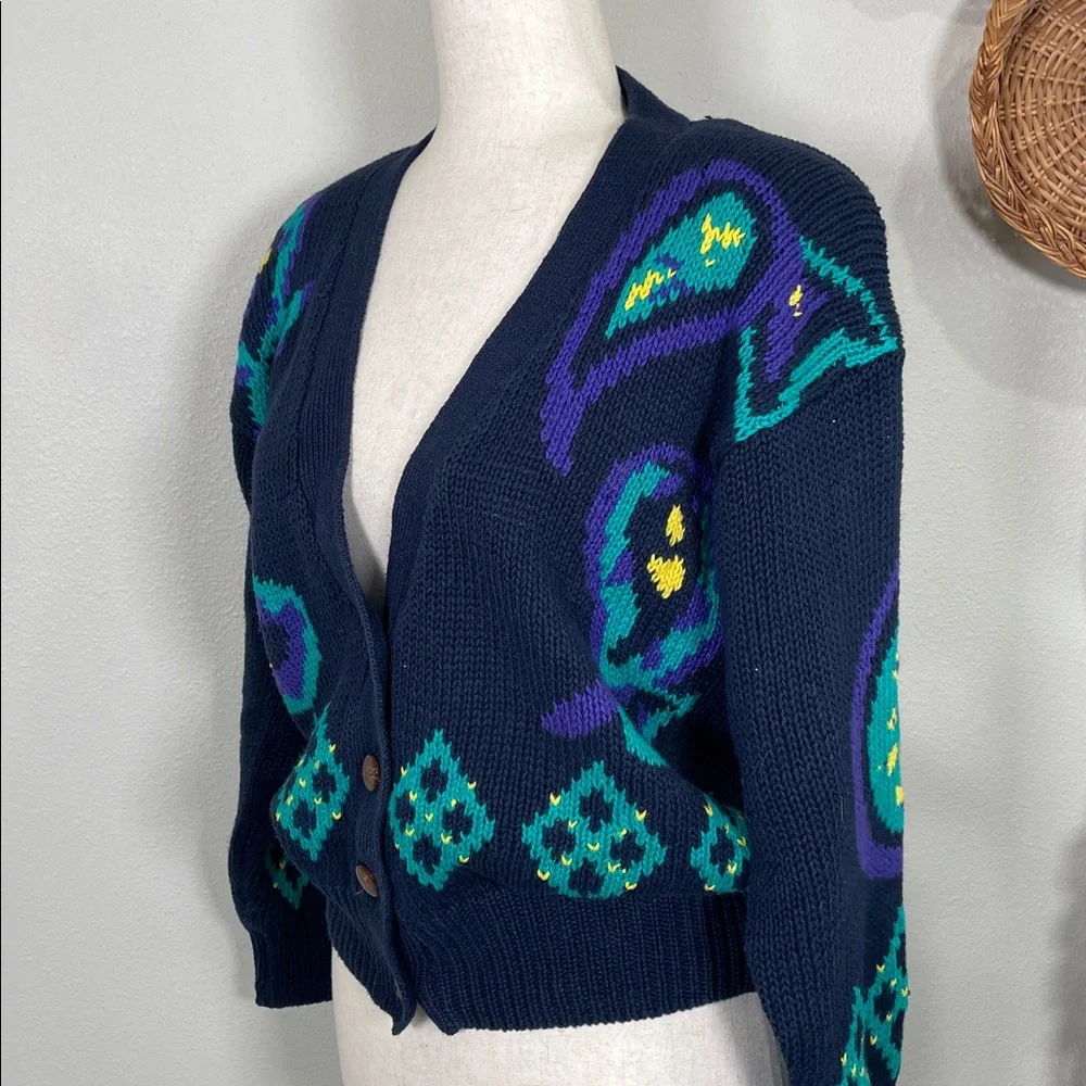 Vintage 90’s V-Neck Sweater Button up Cardigan Navy Teal Purple Size Small - Picture 5 of 15
